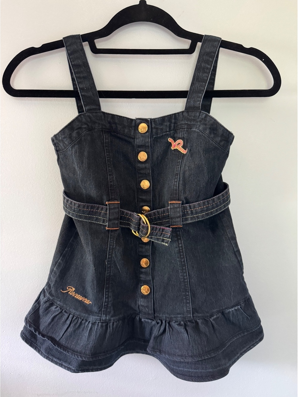 Rocawear Kids Black Denim Jean Dress Belted Ruffle Hem Y2K Size 5